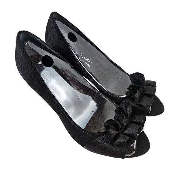 The Touch Of Nina Heels Women Size 8.5 Black Satin Peep Toe Ruffle Leather Sole - Picture 1 of 10